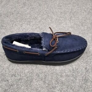 Club Room Moccasin Slippers Mens Faux Fur Lined Indoor Outdoor Navy Blue M 8-9